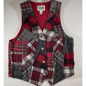 Vintage BOOM Patchwork Plaid Vest Men's Medium 90s Grunge Red Tartan